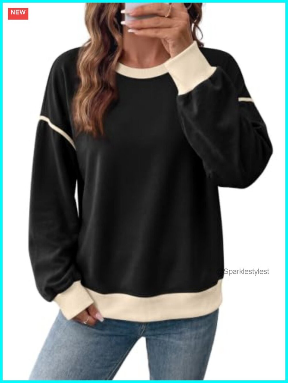 Womens Lightweight Crewneck Sweatshirt Contrast Trim Pullover